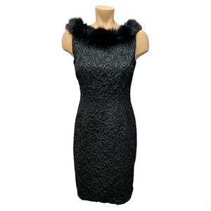 Taylor Black Floral Lace Mini Dress with Fur Trim Size S